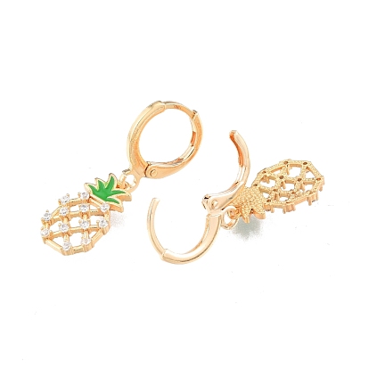 Clear Cubic Zirconia Pineapple Dangle Leverback Earrings with Enamel, Brass Jewelry for Women, Cadmium Free & Nickel Free & Lead Free