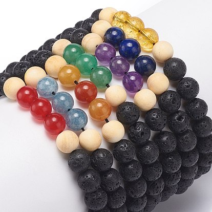 7Pcs 7 Style Natural Lava Rock & Wood  Beads & Mixed Gemstone Braided Bead Bracelets Set, Essential Oil Chakra Yoga Bracelets for Women