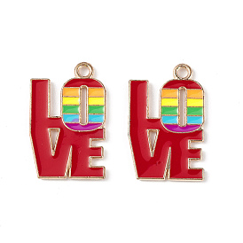 Rainbow Color Pride Alloy Enamel Pendants, Word Love Charm, Light Gold