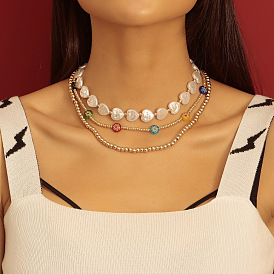 Bohemian Handmade CCB Beaded Heart Shape Faux Pearl Triple Layer Necklace Choker