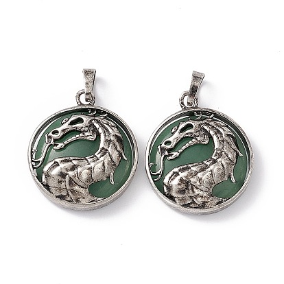 Gemstone Pendants, Flat Round Charms with Rack Plating Antique Silver Tone Brass Dragon, Cadmium Free & Lead Free