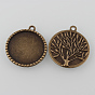 Tibetan Style Antique Bronze Alloy Flat Round Pendant Cabochon Settings, Cadmium Free & Nickel Free & Lead Free, Tray: 25mm, 32.5x29x2.5mm, Hole: 2mm, about 190pcs/1000g
