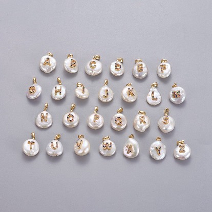 Pendentifs de perles d'eau douce de culture naturelle, avec accessoires zircon cubique micro pave en laiton, pépites avec lettre, plaqué longue durée