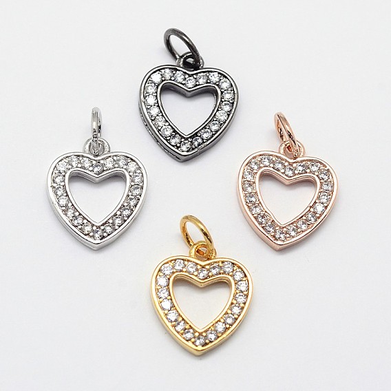 CZ Brass Micro Pave Cubic Zirconia Open Heart Charms, 12x10x2mm, Ring: 5x0.7mm