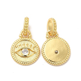 Rack Plating Brass Pave Clear Cubic Zirconia European Dangle Charms, Flat Round with Eye, Large Hole Pendants, with Jump Rings, Cadmium Free & Lead Free