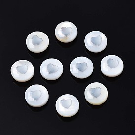 Natural Freshwater Shell Beads, with Brass Metal Embellishments, Flat Round with Heart