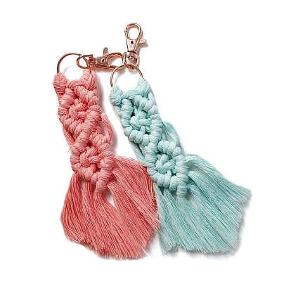 Macrame Cotton Cord Woven Tassel Pendant Keychain, with Swivel Clasp