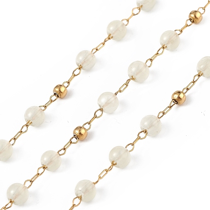 Chaîne de perles rondes en jade naturel teint, avec chaînes satellites dorées 304 en acier inoxydable, non soudée, avec bobine