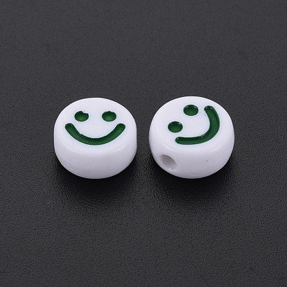 Opaque Acrylic Beads, with Enamel, Flat Round with Smile Face