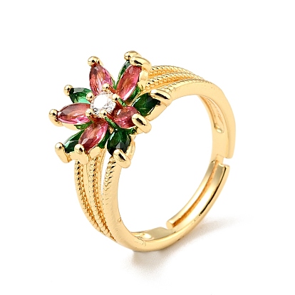 Cubic Zirconia Flower Adjustable Ring, Real 18K Gold Plated Brass Jewelry for Women, Cadmium Free & Lead Free