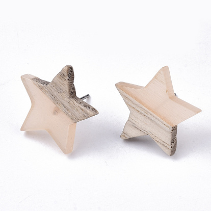Boucles d'oreilles en résine et bois transparentes, 304 avec tige en acier inoxydable, étoiles