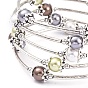 Five Loops Fashion Wrap Bracelets, with Shell Pearl Beads, 304 Stainless Steel Beads and Steel Memory Wire