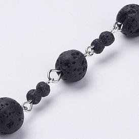 Natural Lava Rock Handmade Beaded Chains, Unwelded, with Iron Eye Pin and Lava Rock Beads, Platinum