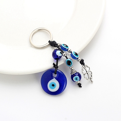 Flat Round with Evil Eye Glass Pendant Keychains, Alloy Clover Charm for Bag Car Key Decoration