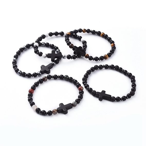 Bracelets élastiques de pierres précieuses unisexe, avec des perles croisées synthétiques turquoise (teintes), perles d'agate noire naturelle givrée (teintes) et perles d'hématite synthétiques non magnétiques