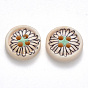 2-Hole Wooden Buttons, Single-Sided Printed, Flat Round with Flower