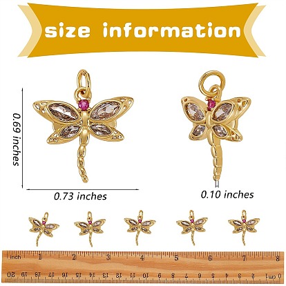 6Pcs Brass Micro Pave Clear Cubic Zirconia Pendants, Long-Lasting Plated, Dragonfly
