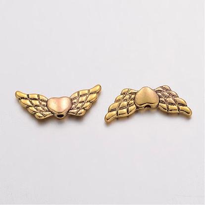 Tibetan Style Alloy Angeltee Beads, Winged Heart, Lead Free & Cadmium Free, 22x9x3mm, Hole: 1mm, about 869pcs/1000g