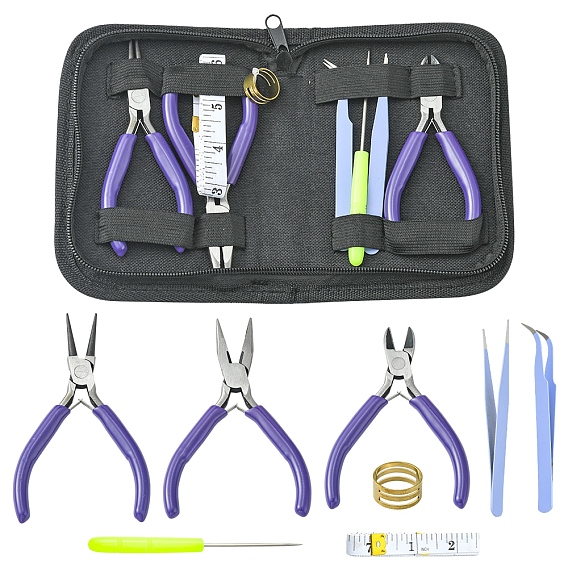 Jewelry Tools Sets, including Plastic Handle Steel Pliers, 401 Stainless Steel Tweezers, Iron Bead Needles, Brass Rings, PVC Soft Tape Measures, Plastic Cable Ties, Imitation Leather Storage Bags