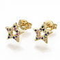 Brass Micro Pave Colorful Cubic Zirconia Stud Earrings, with Earring Backs, Star, Real 16K Gold Plated