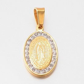 304 Stainless Steel Flat Oval with Virgin Mary Holy Pendants, with Rhinestones