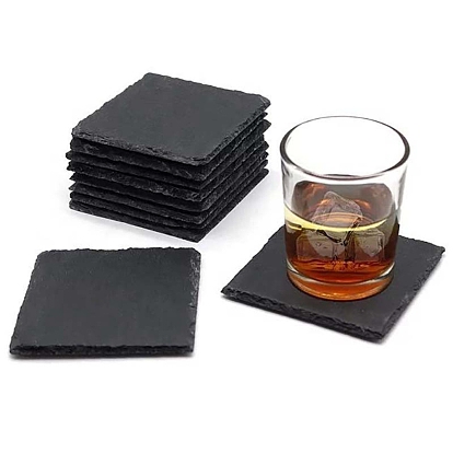 Natural Black Stone Cup Mat, Rough Edge Coaster, with Sponge Pad, Square