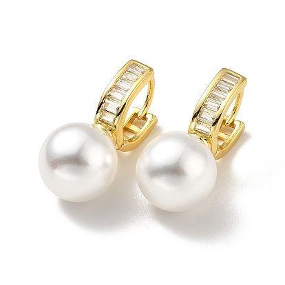 Plastic Pearl Dangle Stud Earrings with Clear Cubic Zirconia, Brass Hinged Earrings for Women, Lead Free & Cadmium Free & Nickel Free