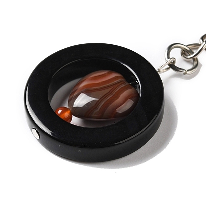 Natural Agate Pendant Keychain, with Iron Key Ring, Flat Round with Heart