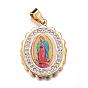 304 Stainless Steel Lady of Guadalupe Pendants, with Polymer Clay Rhinestones and Paper, Oval with Virgin Mary