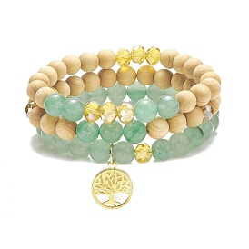 3 pcs 3 style bracelets extensibles en aventurine verte naturelle et verre et bois avec breloque arbre en laiton, bijoux en pierres précieuses pour femmes