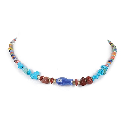 Natural Red Jasper & Howlite Chips & Porcelain Fish Beaded Necklace with Alloy Clasps