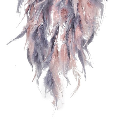 Tela/red tejida de hierro con adornos colgantes de plumas, con cuentas de plástico, cinta, cubierto con cuero y cordón de latón, plano y redondo