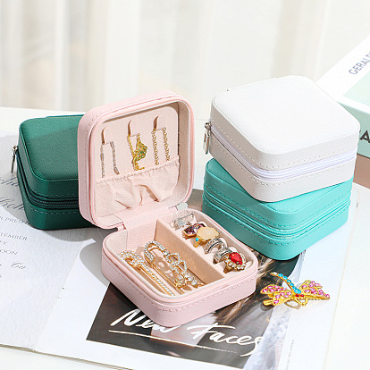Mini Square PU Leather Jewelry Storage Zipper Box, Travel Portable Jewelry Case, for Necklaces, Rings, Earrings and Pendants