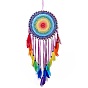 Native Style Iron Ring Woven Net/Web with Feather Wall Hanging Decoration, with Wooden Beads & Satin/Cotton Thread, for Home Offices Amulet Ornament