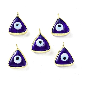 Handmade Lampwork Pendants, with Eco-friendly Light Gold Brass Edge & Loop, Long-Lasting Plated, Cadmium Free & Lead Free, Triangle with Evil Eye Charm