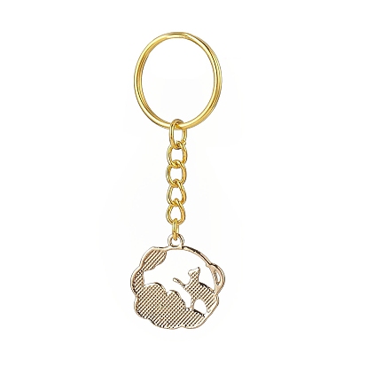 6Pcs 6 Styles Alloy Enamel Pendants Cat Keychain, with Iron Split Key Rings, Flat Round with Cat