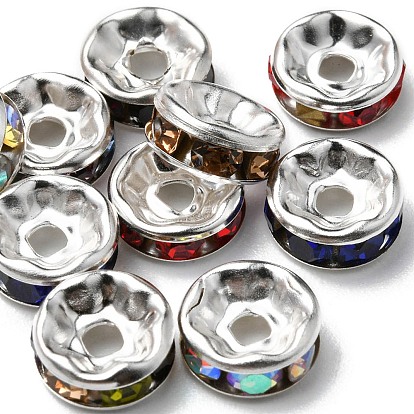 120Pcs 6 Colors Iron Flat Round Spacer Beads, with Rhinestone, Platinum