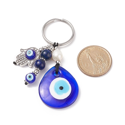 Llavero de perlas de agua dulce y lapislázuli natural, llavero de mal de ojo, con 304 fornituras de acero inoxidable