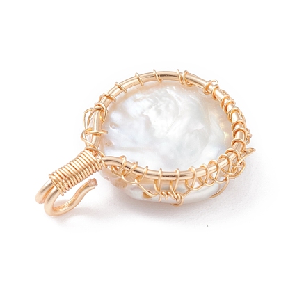 Pendentifs perle keshi perle baroque naturelle, avec du vrai fil de cuivre écologique plaqué or 18k, plat rond