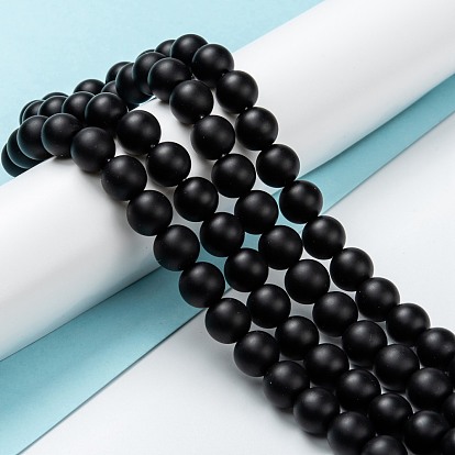 Brins de perles d'onyx noir naturel, teints et chauffée, givré, ronde