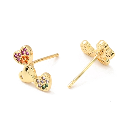Colorful Rhinestone Triple Heart Stud Earrings, Brass Jewelry for Women, Cadmium Free & Lead Free