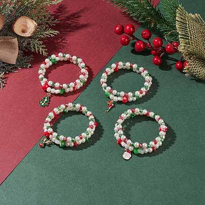 2Pcs 2 Style Glass Pearl & Lampwork Mushroom Beaded Stretch Bracelets Set with Alloy Enamel Christmas Charm for Women