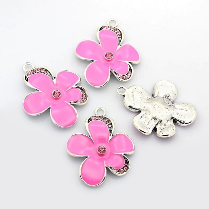 Antique Silver Plated Enamel Flower Pendants, with Rhinestones, 50x39x7mm, Hole: 4mm