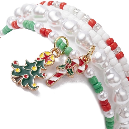 4шт 4 стильные стеклянные браслеты с жемчугом и бусинами стрейч набор, Рождественская елка и леденец из сплава эмали подвески штабелируемые браслеты для женщин