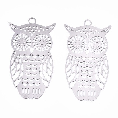 201 Stainless Steel Filigree Pendants, Etched Metal Embellishments, Owl