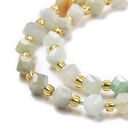 Brins de perles de jade myanmar naturel, avec des perles de rocaille, facette, perles de cube en diagonale