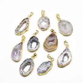 Plated Natural Druzy Grey Agate Pendants, with Brass Findings, Golden