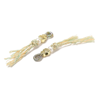Round Pearl Tassel Big Pendants, Brass Gourd Charms with Fringe Cotton Cord
