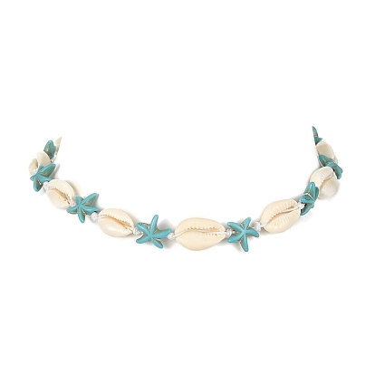 Collier de perles d'étoile de mer turquoise synthétique et coquillage naturel avec fermoirs en acier inoxydable