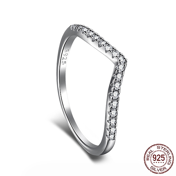 925 Sterling Silver Micro Pave Cubic Zirconia Finger Ring for Women, V-Shaped, with 925 Stamp, Real Platinum Plated